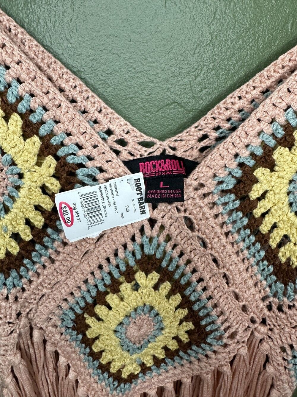 NWT Rock & Roll Denim womens large crochet fringe tank boho western festival top - Picture 5 of 5